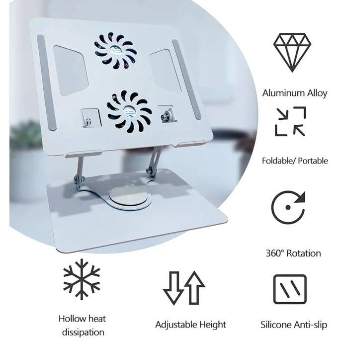 Support Laptop Ergonomique Aluminium — 2 Ventilateurs Intégrés, Hauteur Réglable