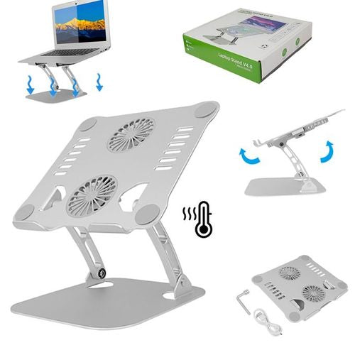 Support Laptop Ergonomique Aluminium — 2 Ventilateurs Intégrés, Hauteur Réglable